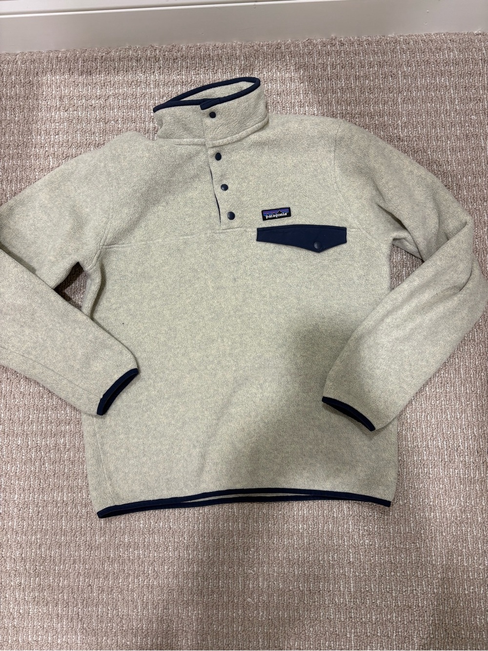 Patagonia Cream Fleece Pullover with Navy Trim